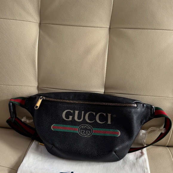 Authentic Gucci Logo Belt Fanny Waist Leather Black Bag Large Unisex - Picture 3 of 11